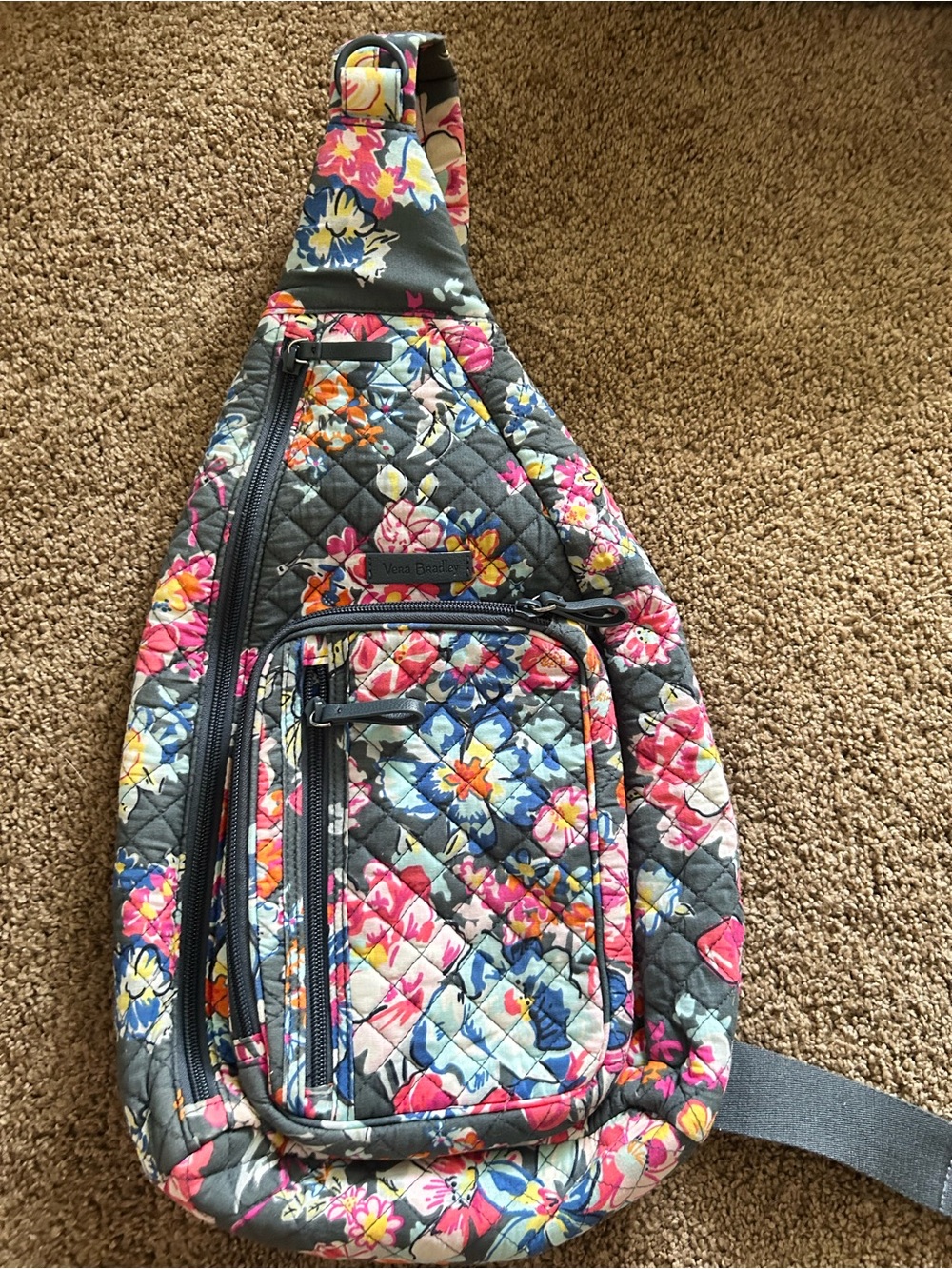 Vera Bradley Gray Multicolor Floral Sling Crossbody Bag Zip Adjustable Strap